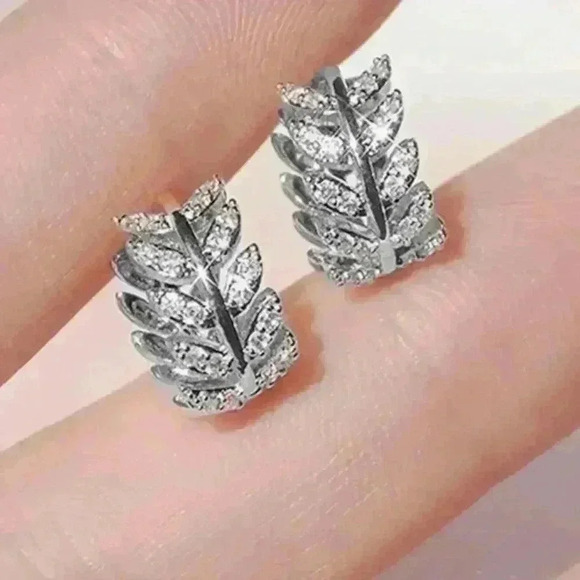 Zircon Olive Branch Leaf Small Hoop Earrings in Silver - Picture 1 of 5